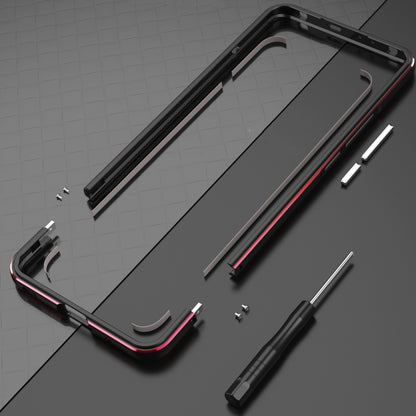 Protective phone case with metal frame and lens protector parts, black with red trim