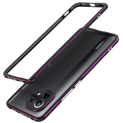 Protective phone case with metal frame and lens protector, black with purple trim
