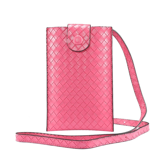 Rose pink woven mobile phone pouch with front flap and crossbody lanyard