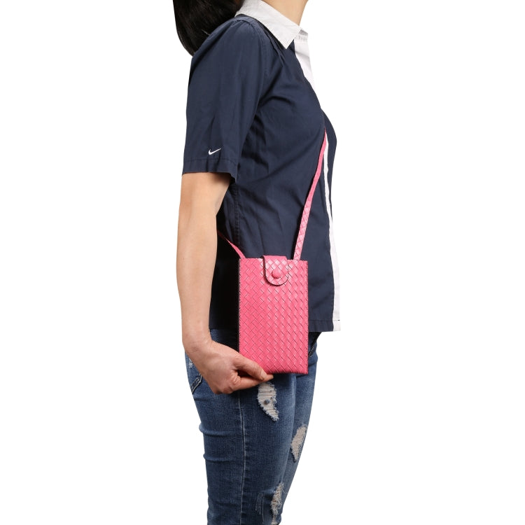 Rose pink woven phone pouch on shoulder strap, with snap-front flap