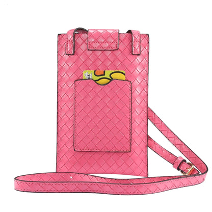 Rose pink woven phone pouch with front pocket and long crossbody strap