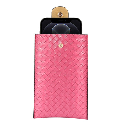 Rose pink woven phone pouch with snap button closure and gold-tone hardware
