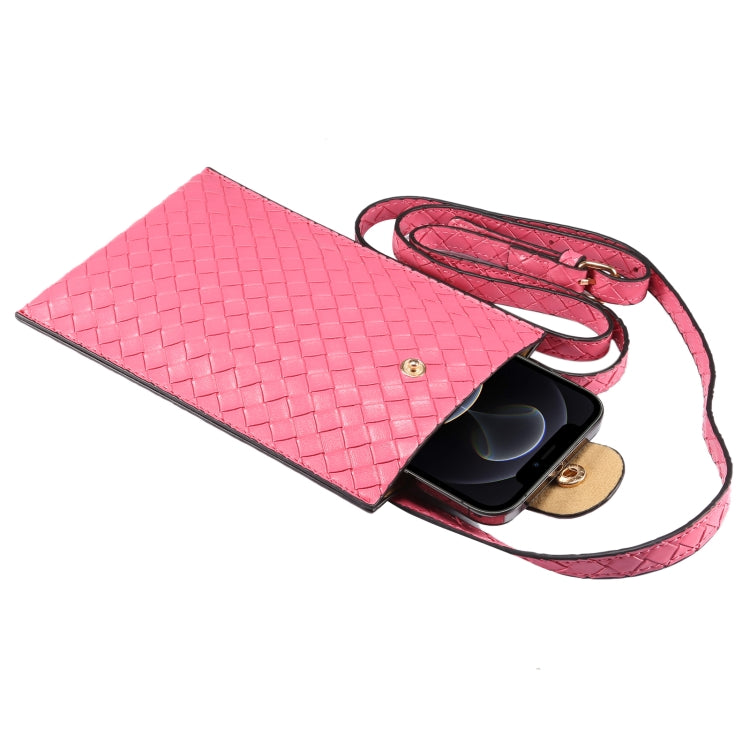 Rose pink woven phone pouch with long crossbody strap, open top pocket