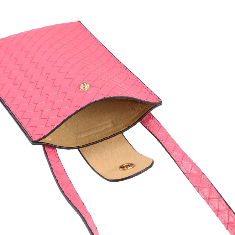 Rose pink woven phone pouch open view showing inner pocket and snap fastener
