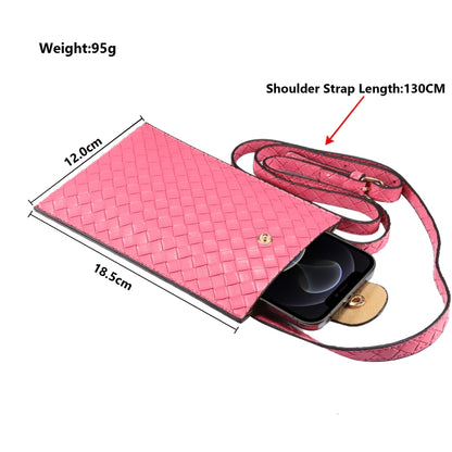 Rose pink woven phone pouch with long shoulder strap and snap button