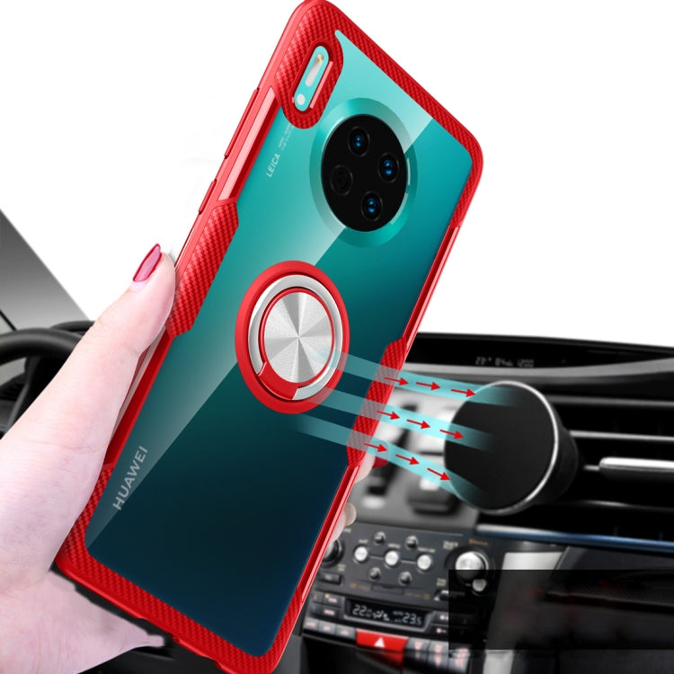 Shockproof phone case with teal inner, red frame, metal ring holder, hand-hold view