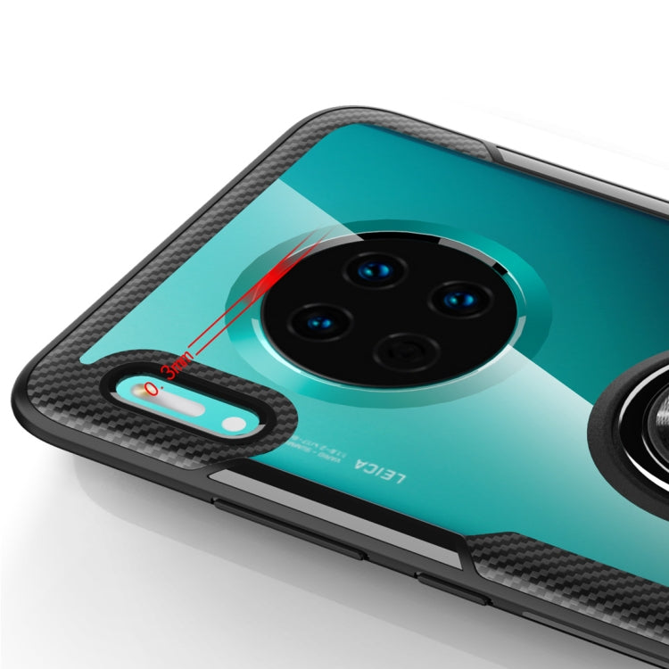 Shockproof phone case detail: teal back, camera cover cutouts, textured grip panel, metal ring