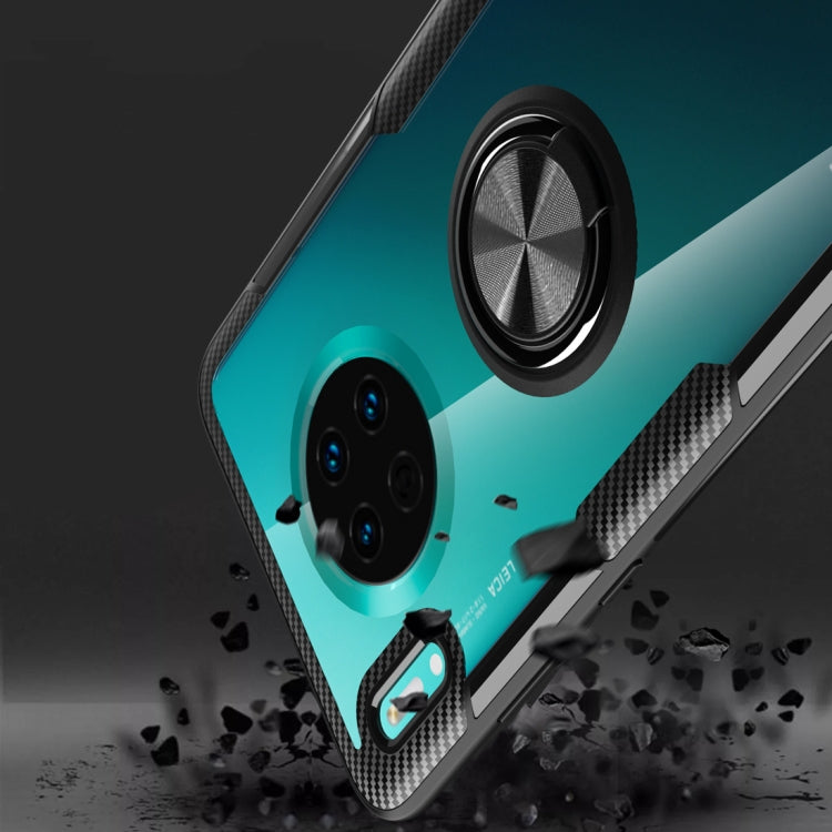 Shockproof phone case close-up with metal ring holder, teal back, rugged black edges