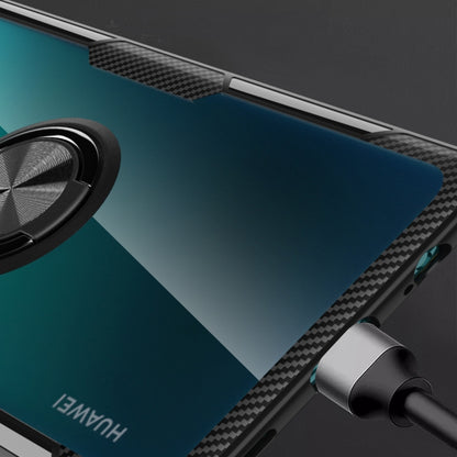 Shockproof phone case close-up showing metal ring holder and textured side grip