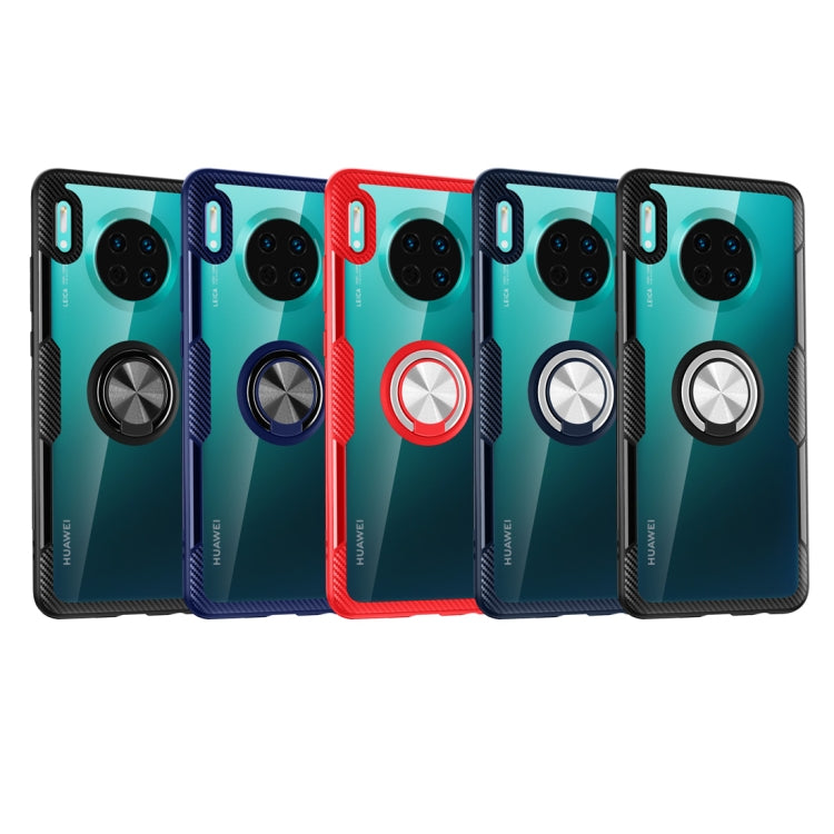 Assorted shockproof phone cases with metal ring holders in teal, navy, purple, and red