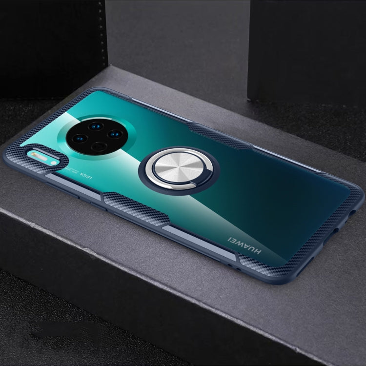 Shockproof phone case with teal back and silver metal ring holder, textured edges, camera openings