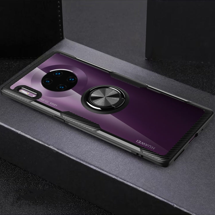 Protective phone case with metal ring holder, purple gradient with textured black frame