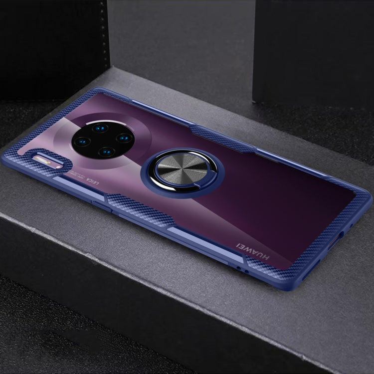 Protective phone case with metal ring holder, blue gradient and textured black side grips
