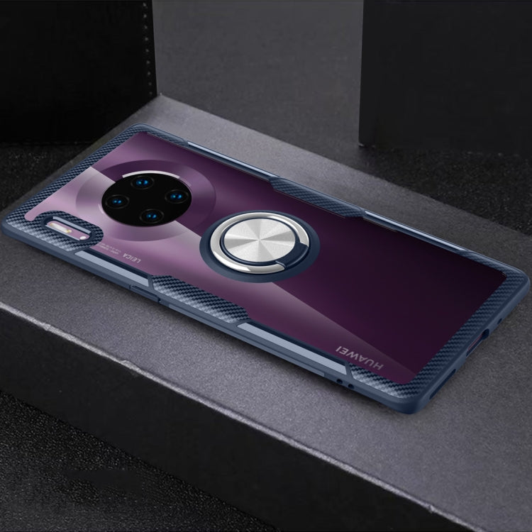 Protective phone case with metal ring holder, deep purple gradient and textured black frame