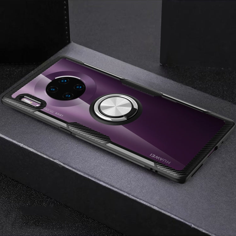 Protective phone case with metal ring holder, purple gradient with textured black edges