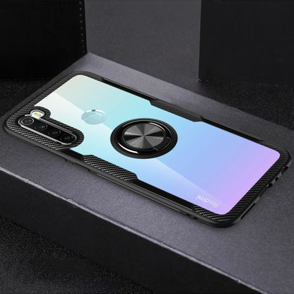 Protective phone case with metal ring holder, light blue gradient and black textured sides