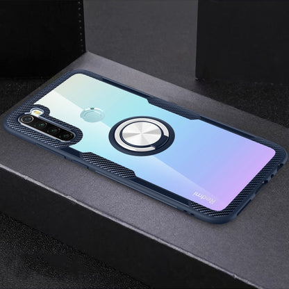 Protective phone case with metal ring holder, light blue gradient with black textured border