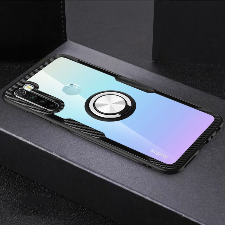 Protective phone case with metal ring holder, light blue gradient and textured black frame