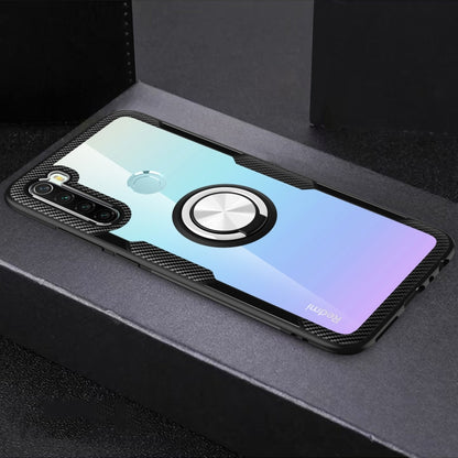 Protective phone case with metal ring holder, light blue gradient and textured black frame