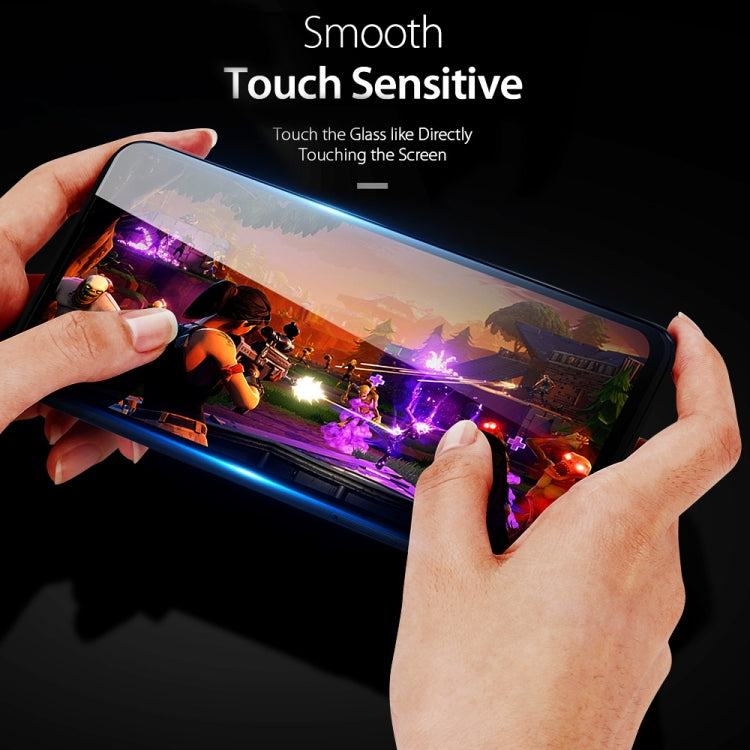 Touch-sensitive tempered glass screen protector on smartphone display, smooth surface
