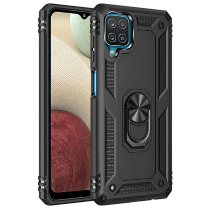Black rugged shockproof phone case with built-in ring kickstand
