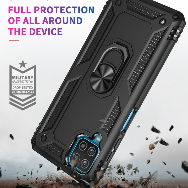 Black rugged shockproof phone case with camera cutout and ring kickstand