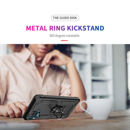 Black phone case with metal ring kickstand and textured grip sides