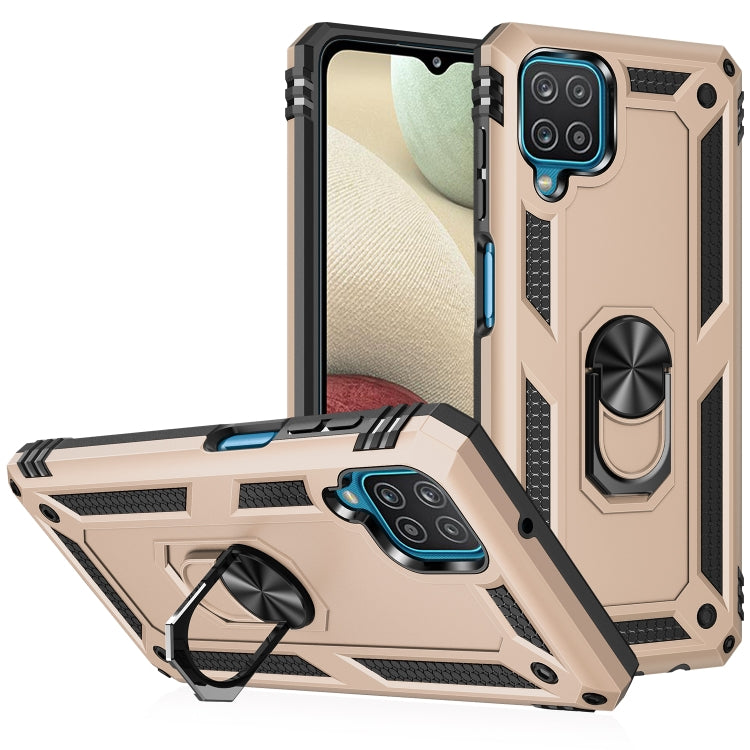 Shockproof protective phone case with rotating kickstand, beige and black, for Samsung Galaxy A12 5G