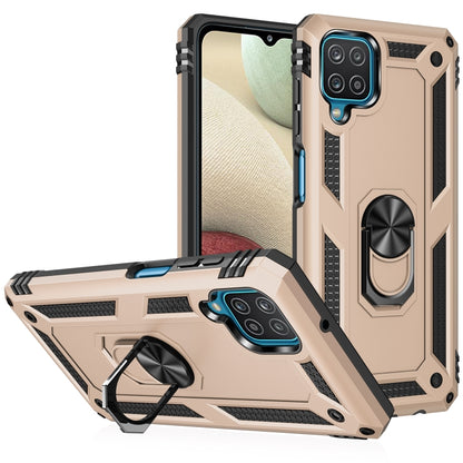 Shockproof protective phone case with rotating kickstand, beige and black, for Samsung Galaxy A12 5G