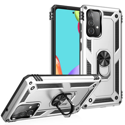Shockproof protective phone case with rotating kickstand, silver and black, for Samsung Galaxy A52 5G