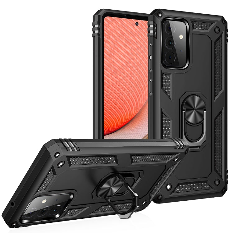 Black rugged shockproof phone case with camera cutout and ring kickstand