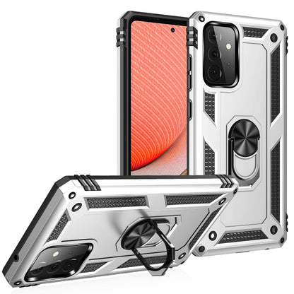 Shockproof protective phone case with rotating kickstand, silver and black, for Samsung Galaxy A12 5G