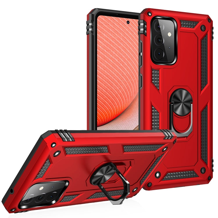 Red shockproof TPU+PC phone case with 360 rotating ring holder and raised edges