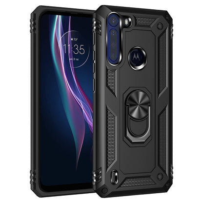 Black rugged shockproof phone case with camera cutout and ring kickstand