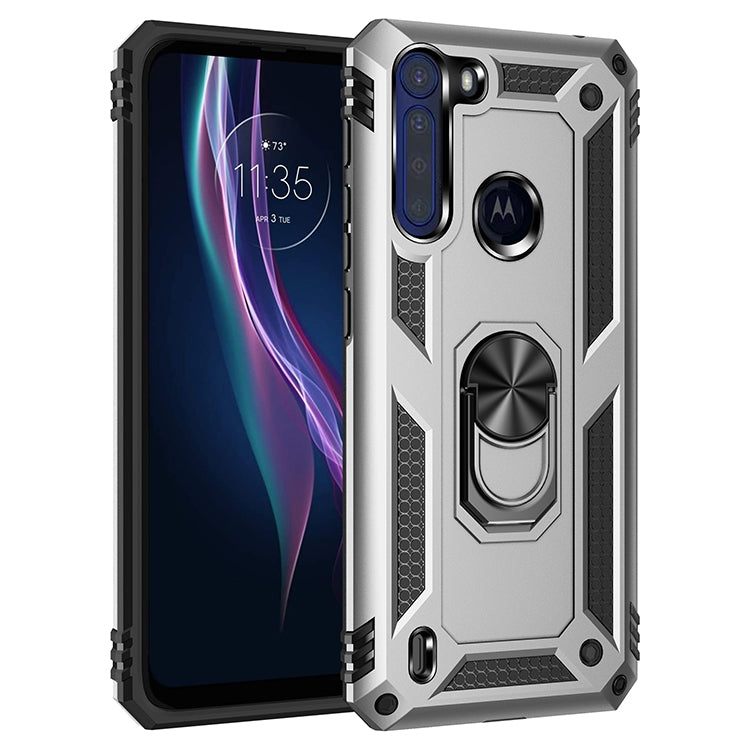 Shockproof protective phone case with rotating kickstand, silver and black, for Motorola Moto One Fusion