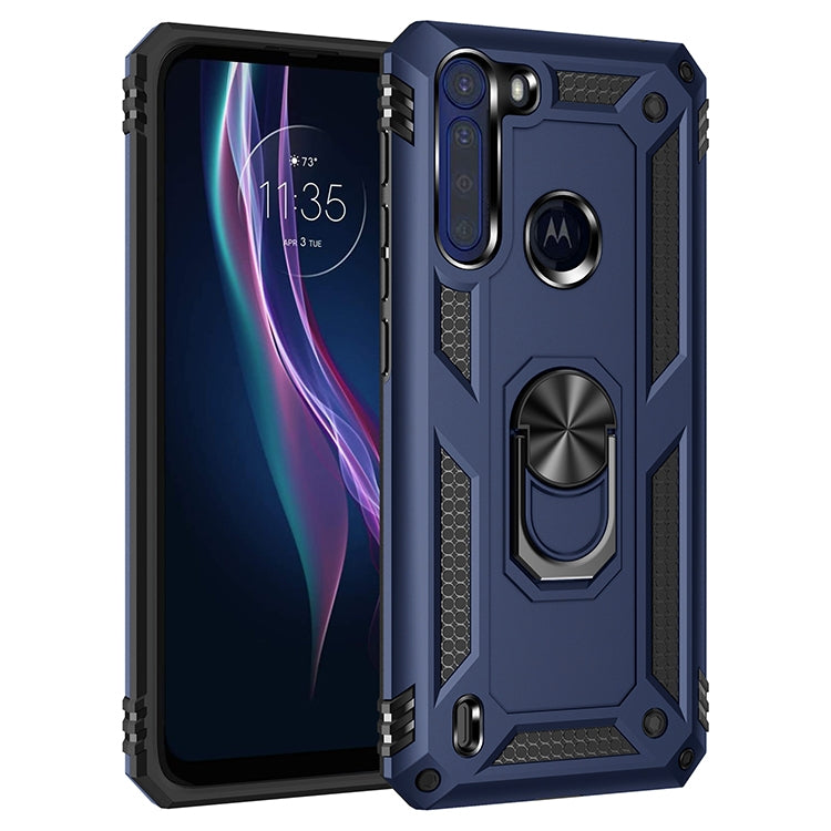 Shockproof protective phone case with rotating kickstand, dark blue and black, for Motorola Moto One Fusion