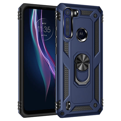 Shockproof protective phone case with rotating kickstand, dark blue and black, for Motorola Moto One Fusion