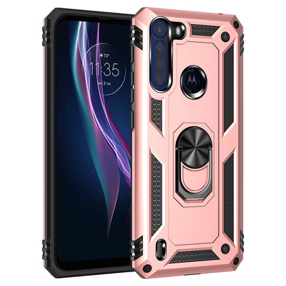 Rugged TPU+PC phone case in pink with 360° rotating holder and protective camera bezel