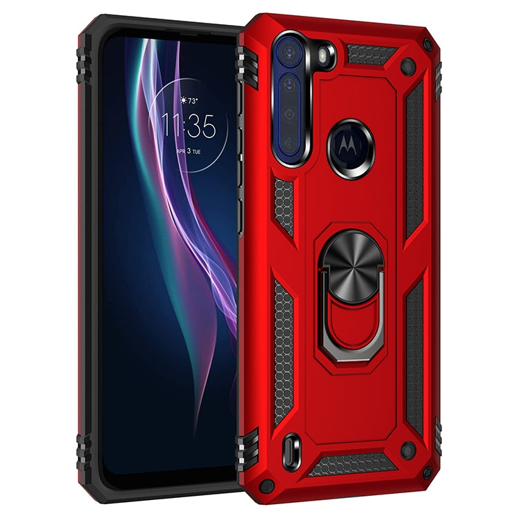 Red shockproof protective phone case with 360 rotating ring holder and rugged corners