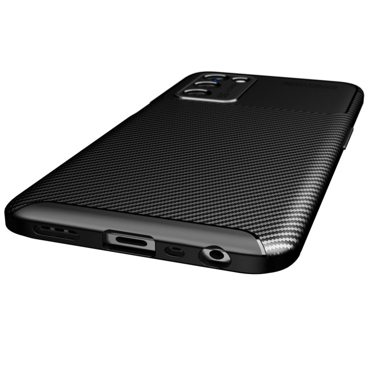 Black carbon-fiber textured phone case with protective bumper and camera opening