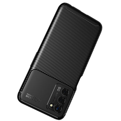 Black carbon-fiber texture TPU case with dual camera openings and shockproof bumper