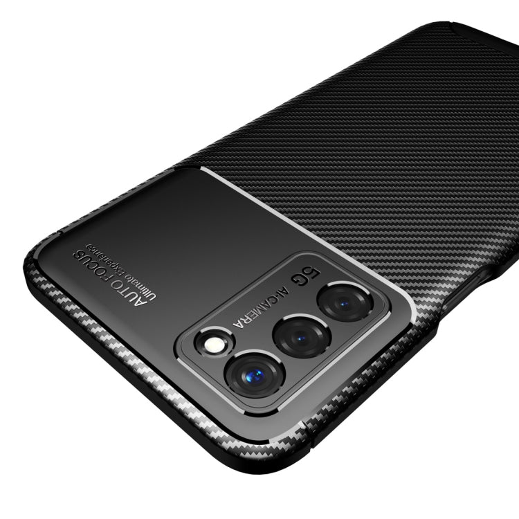 Black TPU phone case with carbon-fiber texture, triple camera cutout, and raised rim