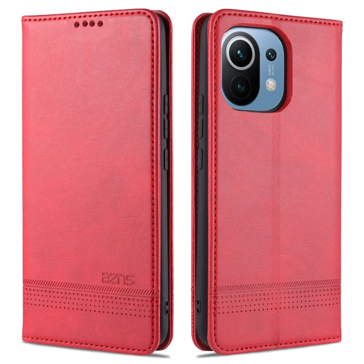 Red leather flip phone case with textured finish for Xiaomi Mi 11