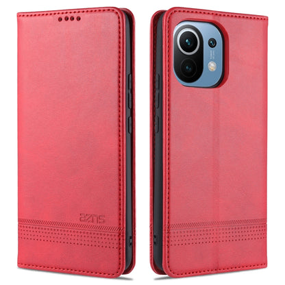 Red leather flip phone case with textured finish for Xiaomi Mi 11