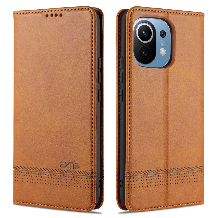Light brown leather flip phone case with textured finish for Xiaomi Mi 11
