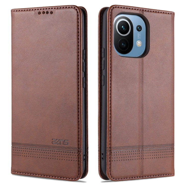 Dark brown leather flip phone case with textured finish for Xiaomi Mi 11