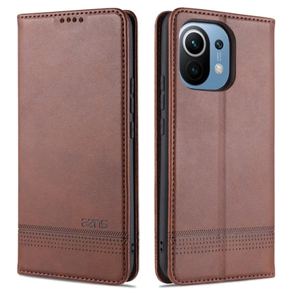 Dark brown leather flip phone case with textured finish for Xiaomi Mi 11