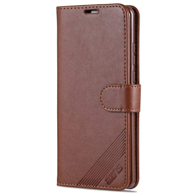 Brown flip leather phone case with flip cover, stitched strap and logo panel on front