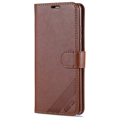 Brown flip leather phone case with flip cover, stitched strap and logo panel on front