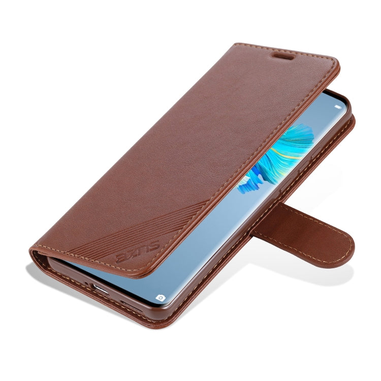 Brown flip leather phone case with open cover showing screen and fold strap holder
